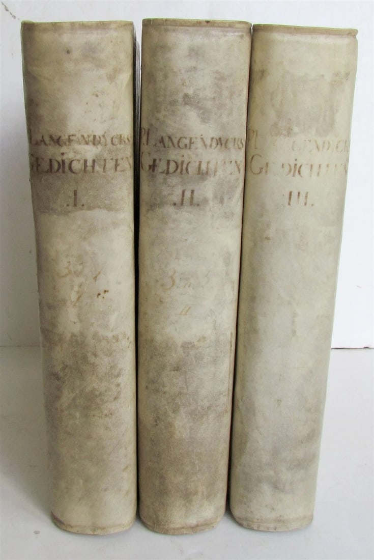 1751 3 VOLUMES VELLUM BOUND in DUTCH P. LANGENDIJK ANTIQUE w/ ENGRAVINGS: P. LANGENDIJK, De gedichten 3 volumes Haarlem, 1751 3 plates (2 of them are folding), original uniformed blindstamped vellum Haarlem, 1751 Size 7 by 8 1/3" Pieter Langendijk (1683 â€“