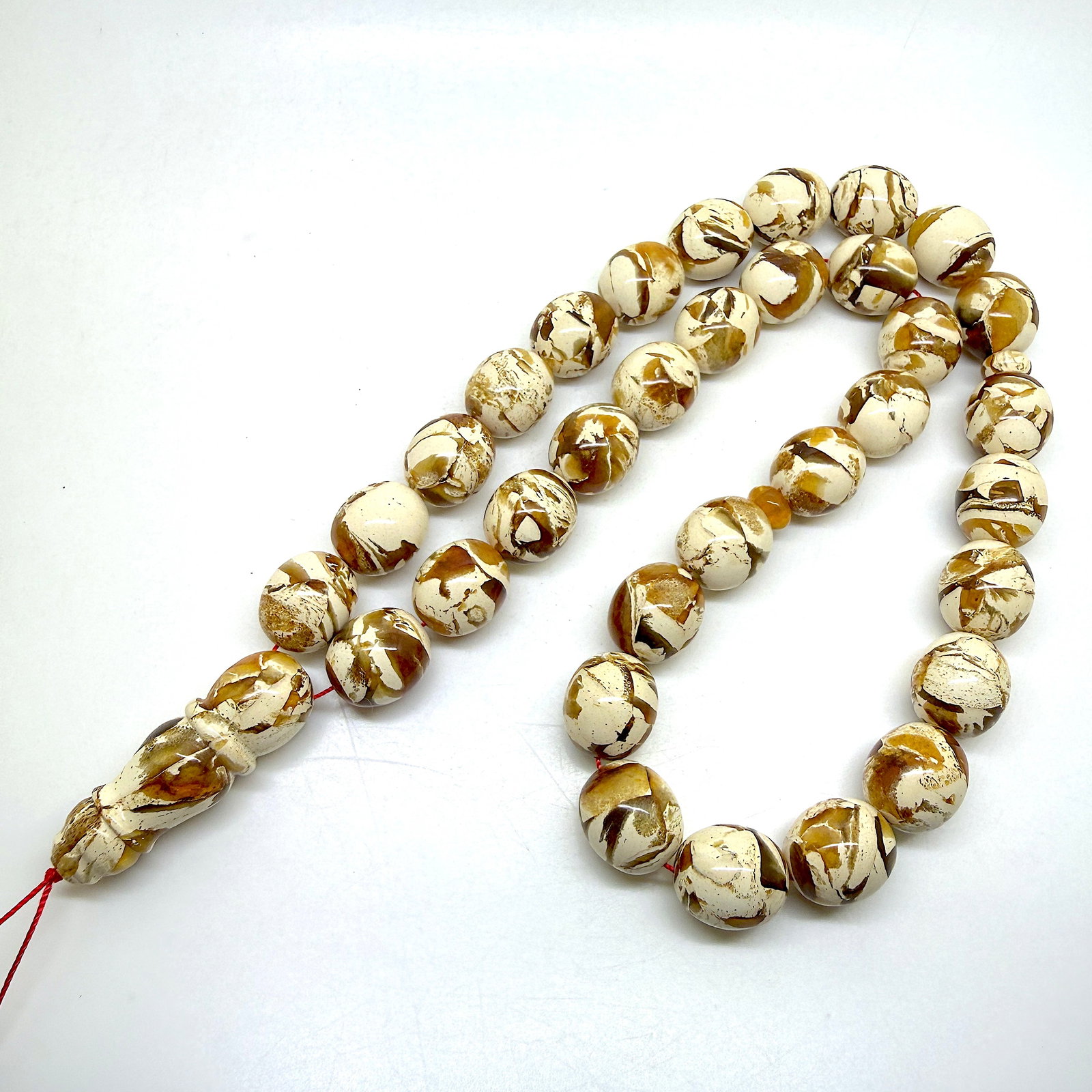 Grand Amber Tesbih made from Round Amber beads with White Pattern - 5