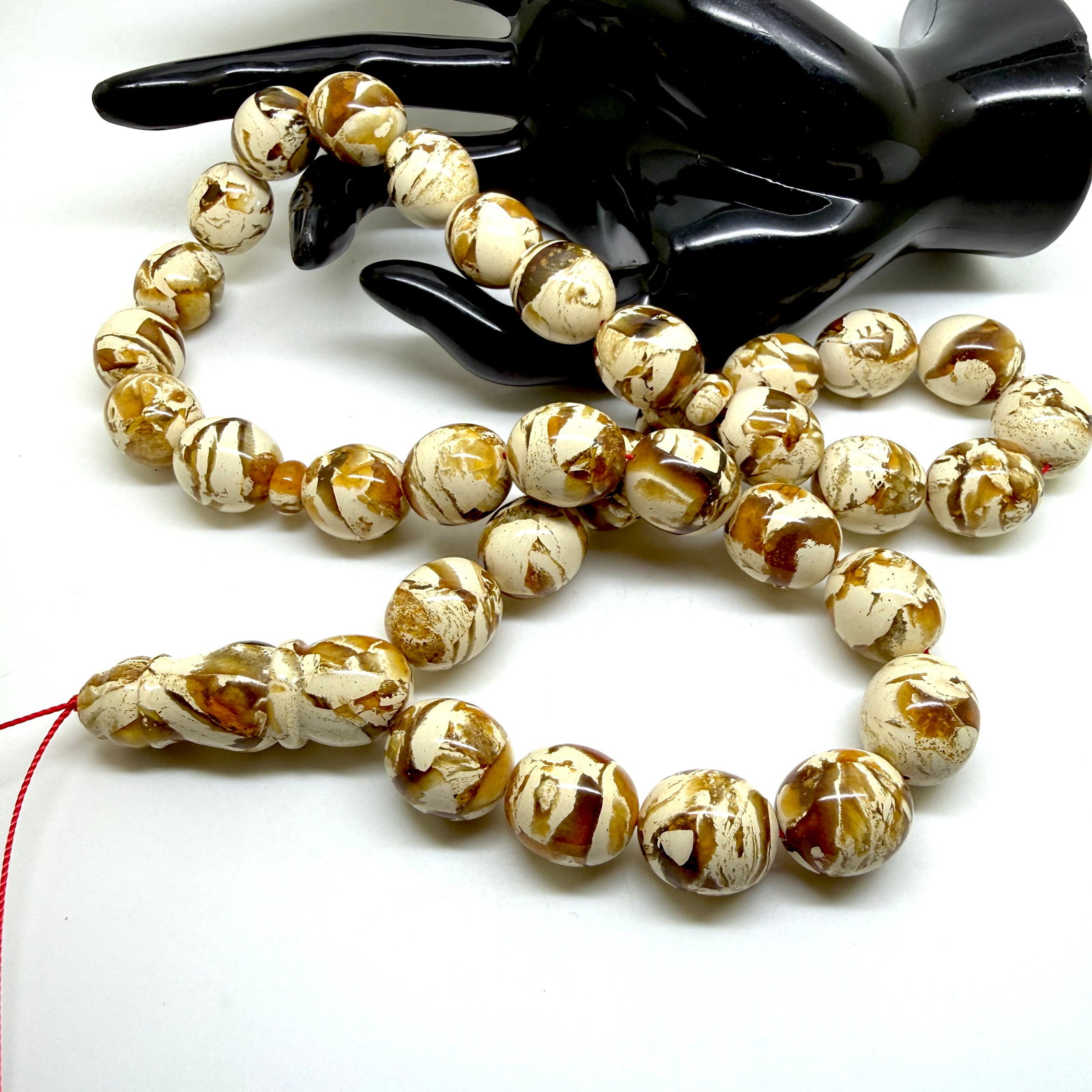 Grand Amber Tesbih made from Round Amber beads with White Pattern - 6