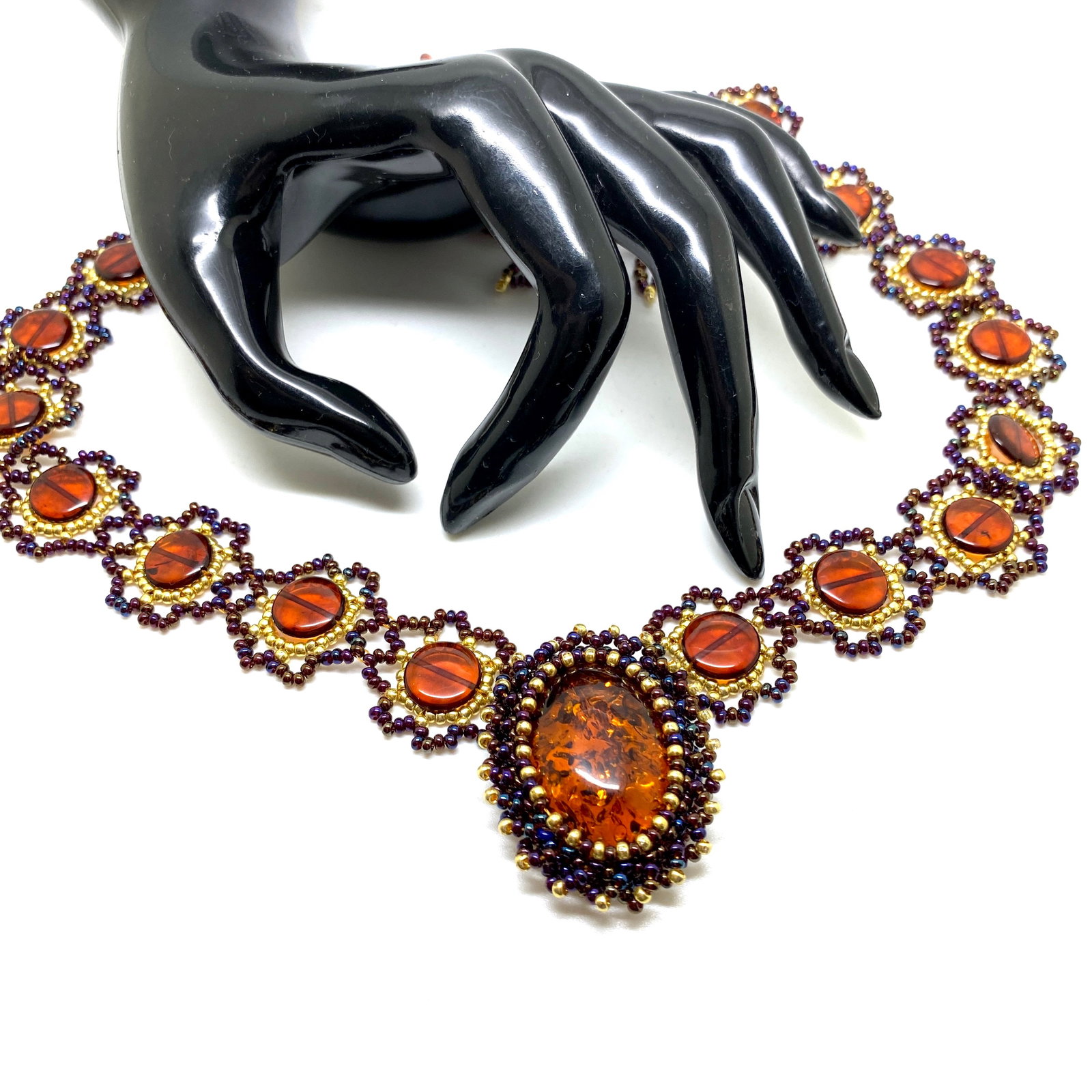 Unique and Grand Amber Floral Necklace made from leaf like bead ornaments - 4
