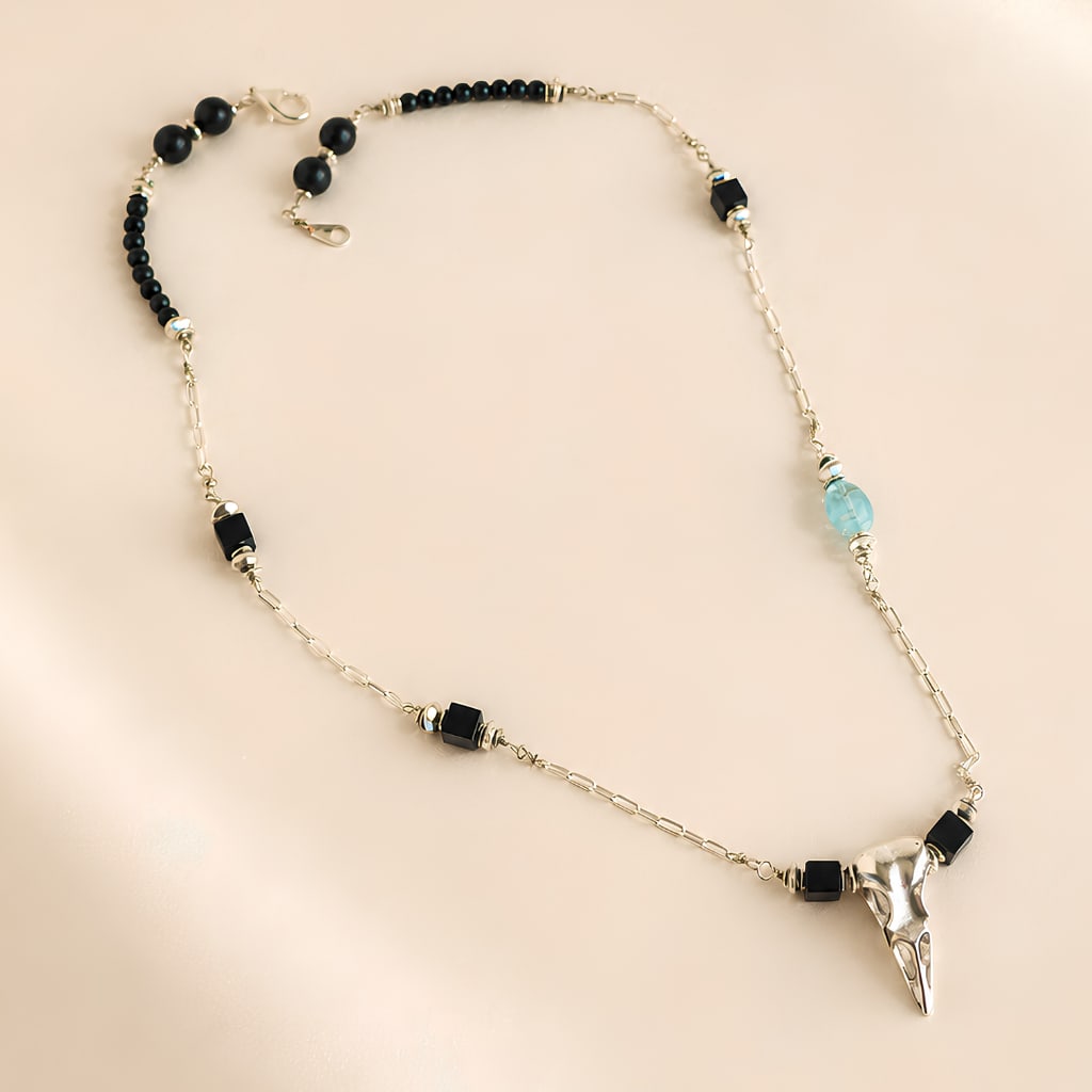 Raven Skull Necklace With Black Onyx and Labradorite - 2