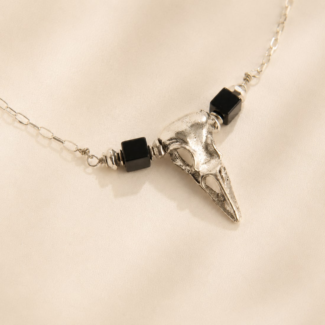 Raven Skull Necklace With Black Onyx and Labradorite - 5