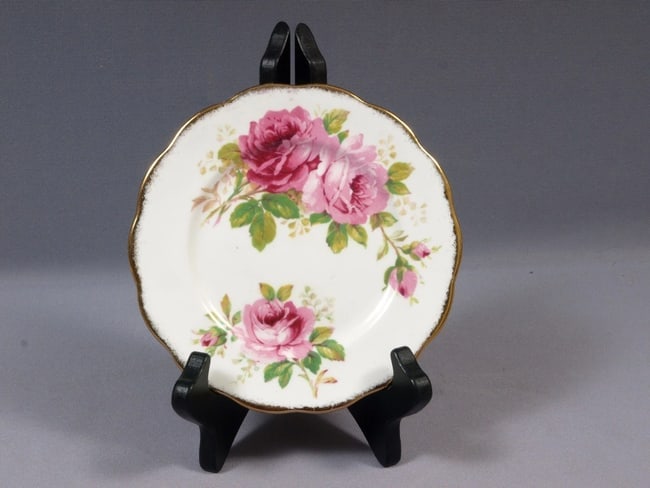 Royal Albert American Beauty Bread Butter Plate Bone China England Vintage Rose: This is a lovely Bread and Butter/Dessert Plate from the famous American Beauty Collection.The plate is made by Royal Albert in England. It is properly marked with Royal Albert back stamp. The price i