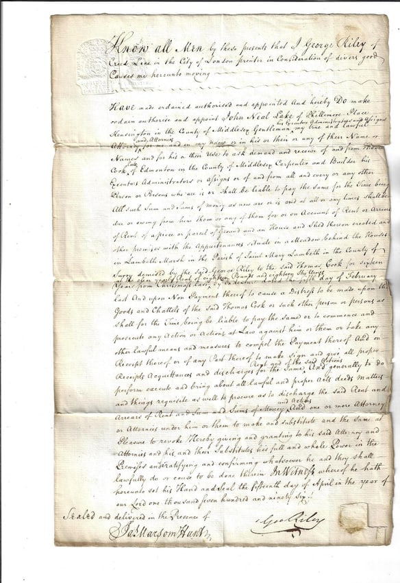 1796 English Manuscript Power of Attorney: Title: 1796 English Manuscript Power of AttorneyDescription: English manuscript Power of Attorney on paper, regarding a James Riley of Middlesex. One folio page with sigature and paper seal and attach