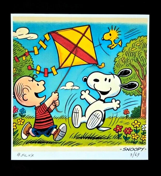 AIDAN FLUX Hand Signed Authentic Print 14x11in. Framed Snoopy Flying Kite COA - 3
