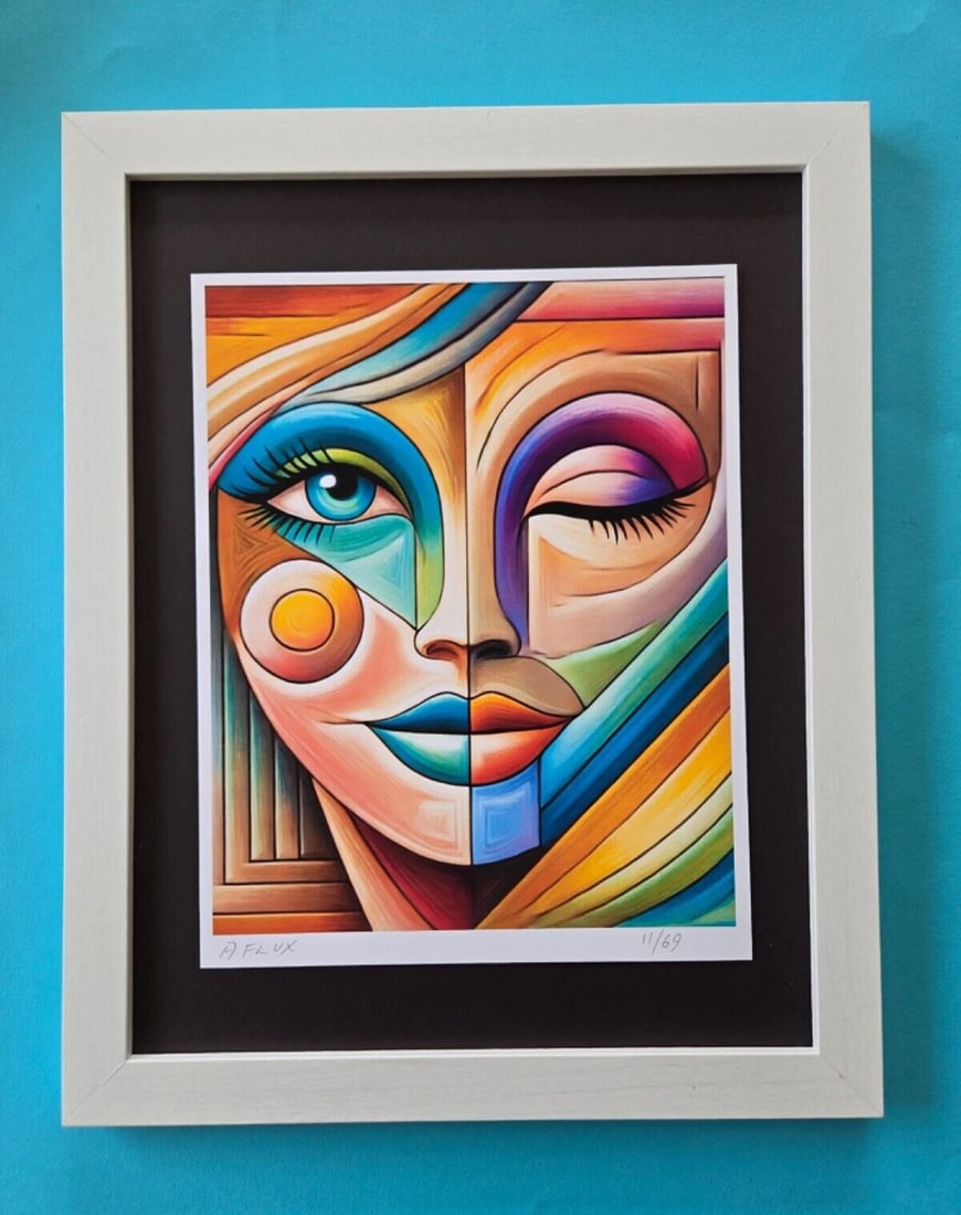 AIDAN FLUX | Hand Signed Original Print Framed "LOVE MY GEOMETRIC SMILE" COA: AIDAN FLUX | Hand Signed Original Print Framed "LOVE MY GEOMETRIC SMILE" COAThis is a one-of-a-kind Hand Signed Authentic Giclee by AIDAN FLUX. From his Series "American Icons" The print is 10x8in.,
