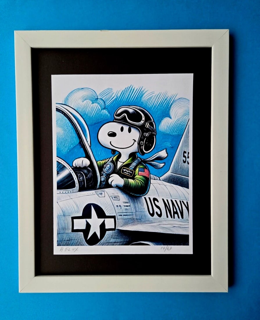 AIDAN FLUX | Hand Signed Highly Collectable Print X/69 SNOOPY US NAVY PILOT COA: AIDAN FLUX | Hand Signed Highly Collectable Print X/69 SNOOPY US NAVY PILOT COAThis is a one-of-a-kind Hand Signed Authentic Giclee by AIDAN FLUX. From his Series " American Icons" Aidan Flux has beco