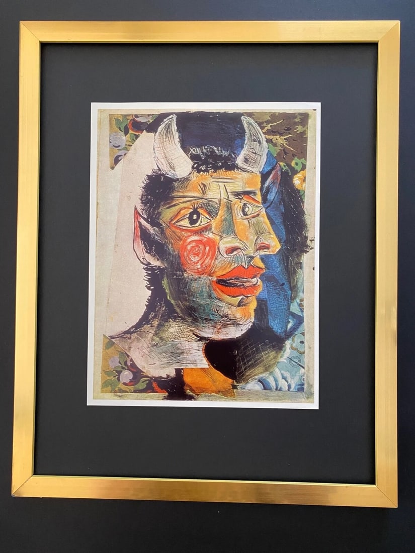 PABLO PICASSO 1961 PRINT MINOTAUR + VINTAGE + MOUNTED AND FRAMED: PABLO PICASSO 1961 PRINT MINOTAUR + VINTAGE + MOUNTED AND FRAMEDThis is a Beautiful and Scarce 1961 Print After PABLO PICASSO Size framed is about 15x12in. Printed in Beautiful Glossy Paper in Switzer