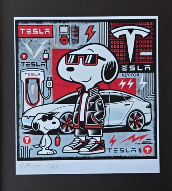 AIDAN FLUX | Hand Signed Authentic Print Framed SNOOPY DRIVES A TESLA CAR COA - 3