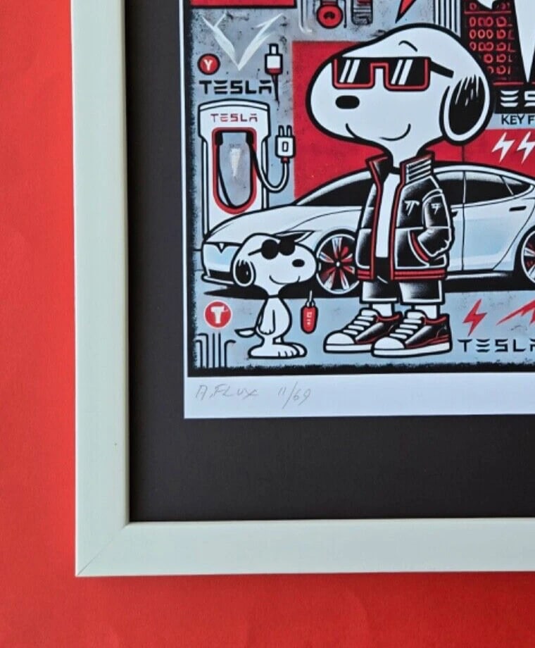 AIDAN FLUX | Hand Signed Authentic Print Framed SNOOPY DRIVES A TESLA CAR COA - 4