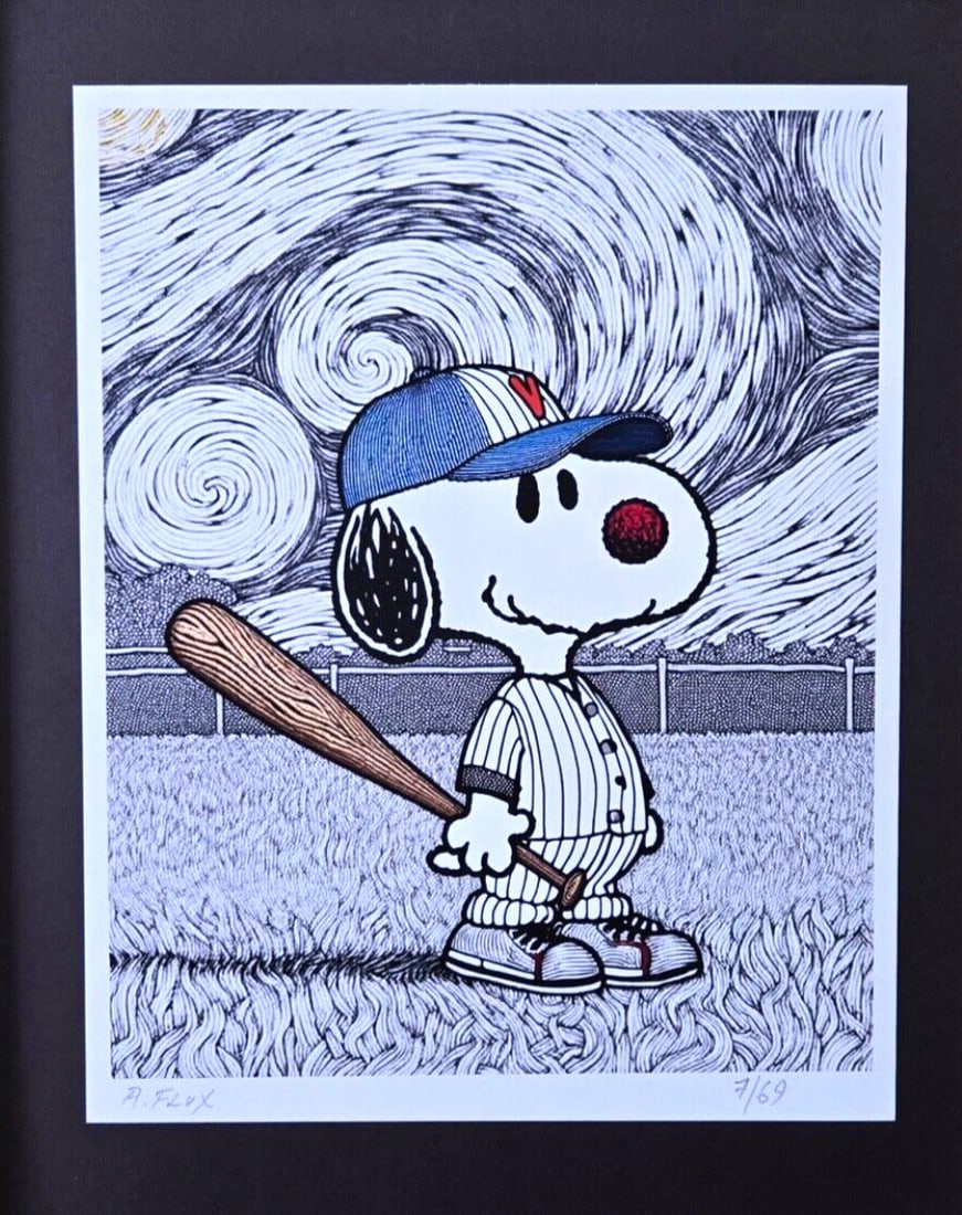 AIDAN FLUX | Hand Signed Authentic Print Framed Snoopy Playing Baseball | COA - 2