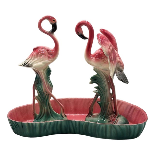 Mid-Century Ceramic Flamingo Figurine Set in Tropical Pond Tray by Maddux (1 of 18)