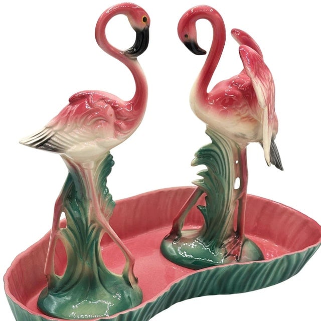 Mid-Century Ceramic Flamingo Figurine Set in Tropical Pond Tray by Maddux - 2