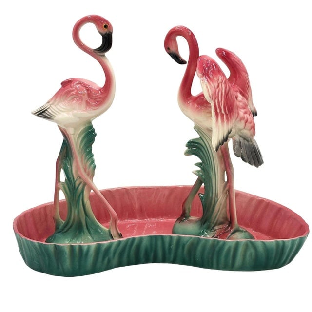 Mid-Century Ceramic Flamingo Figurine Set in Tropical Pond Tray by Maddux - 5