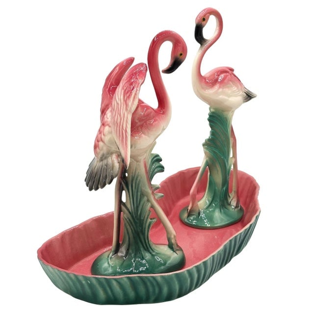 Mid-Century Ceramic Flamingo Figurine Set in Tropical Pond Tray by Maddux - 7