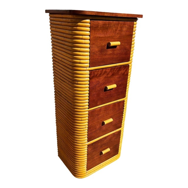 1930s Restored Paul Frankl Style Stacked Rattan & Mahogany Petite Chest of 4 Drawers: Title: 1930s Restored Paul Frankl Style Stacked Rattan & Mahogany Petite Chest of 4 Drawers Description: Restored Art Deco era rattan chest of drawers with a mahogany top and four pull-out mahogany fr