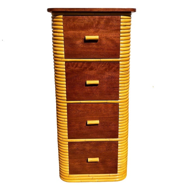 1930s Restored Paul Frankl Style Stacked Rattan & Mahogany Petite Chest of 4 Drawers - 2