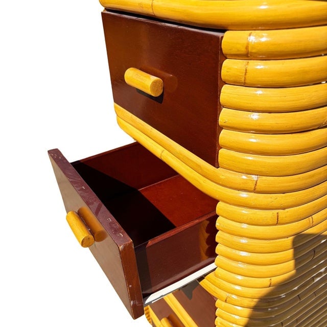 1930s Restored Paul Frankl Style Stacked Rattan & Mahogany Petite Chest of 4 Drawers - 8