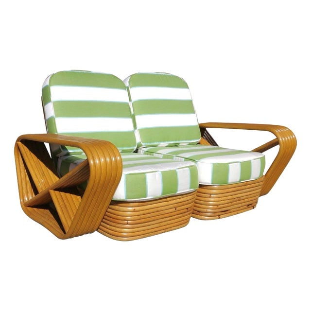 1930s Restored Art Deco Square Pretzel Rattan Sectional Settee: Title: 1930s Restored Art Deco Square Pretzel Rattan Sectional Settee Description: This beautifully restored Paul Frankl-style rattan blends style and vintage charm with modern comfort. It is a