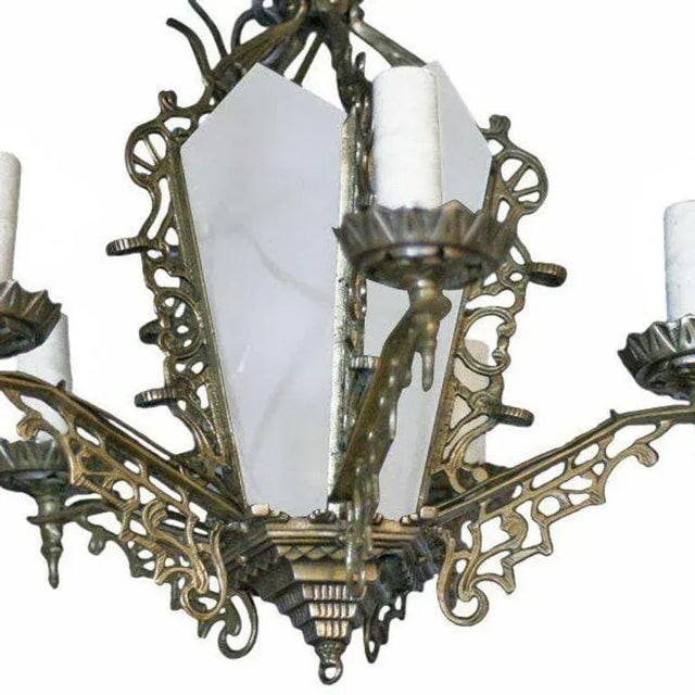 Art Deco Slat Glass Brass Dining Room Chandelier W/ Geometric Details - 2