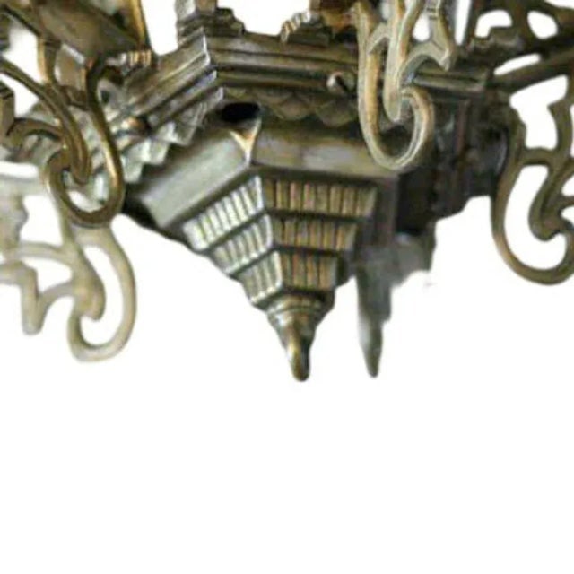 Art Deco Slat Glass Brass Dining Room Chandelier W/ Geometric Details - 4
