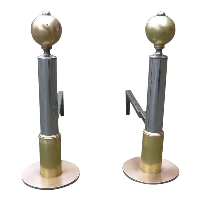 1930s Art Deco Chrome and Brass Geometric Andirons Attributed to Donald Deskey- a Pair (1 of 4)