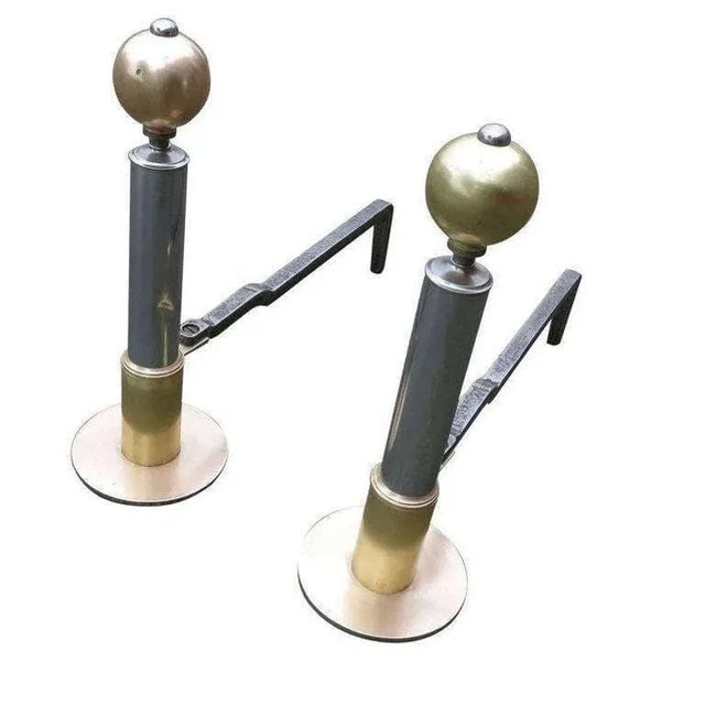 1930s Art Deco Chrome and Brass Geometric Andirons Attributed to Donald Deskey- a Pair - 3
