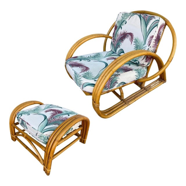 Restored 3-Strand Half Moon Lounge Chair W/ Cobra Back & Ottoman: Title: Restored 3-Strand Half Moon Lounge Chair W/ Cobra Back & Ottoman Description: Original Paul T. Frankl designed three-strand rattan lounge chair that features a Tear Drop armrest and an