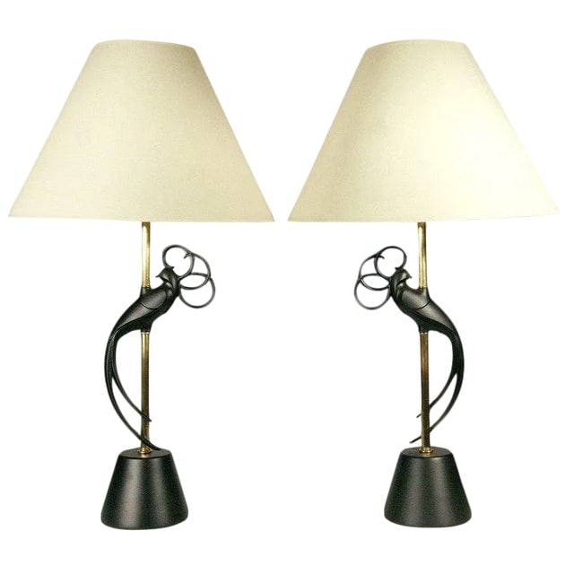 Mid-Century Brass & Steel "Lovebird" Sculptral Table Lamp by Rembrandt , Pair (1 of 5)