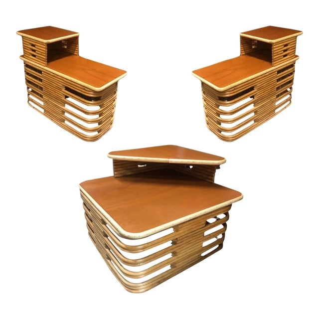 1950s Restored Stacked Rattan & Mahogany Side/Corner Table 3 Piece Set (1 of 11)