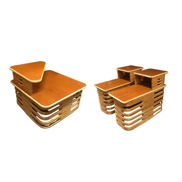 1950s Restored Stacked Rattan & Mahogany Side/Corner Table 3 Piece Set - 2
