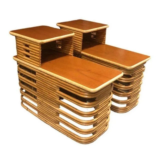 1950s Restored Stacked Rattan & Mahogany Side/Corner Table 3 Piece Set - 3