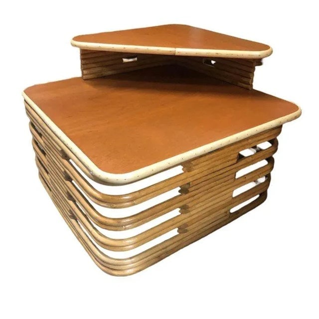 1950s Restored Stacked Rattan & Mahogany Side/Corner Table 3 Piece Set - 9