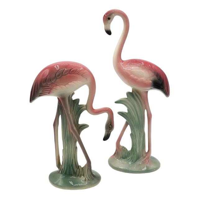 1950s Mid-Century Matching Pink Flamingo Ceramic Tabletop Vase Set by Brad Keeler, A Pair (1 of 14)