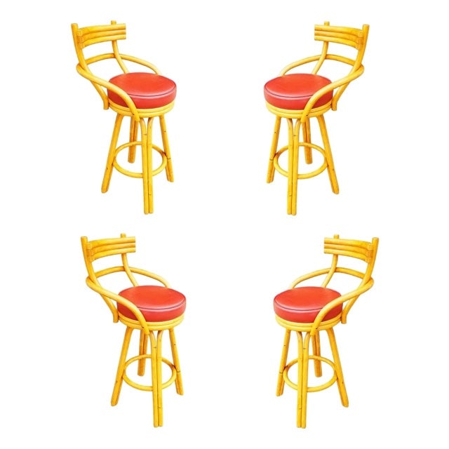 Restored Mid-Century Rattan Stacked Bar Swivel Stools W/ Red Seat, Set of 4: Title: Restored Mid-Century Rattan Stacked Bar Swivel Stools W/ Red Seat, Set of 4 Description: Restored set of 4 mid-century era rattan barstools with stacked rattan backs with red Naugahyde swivel s