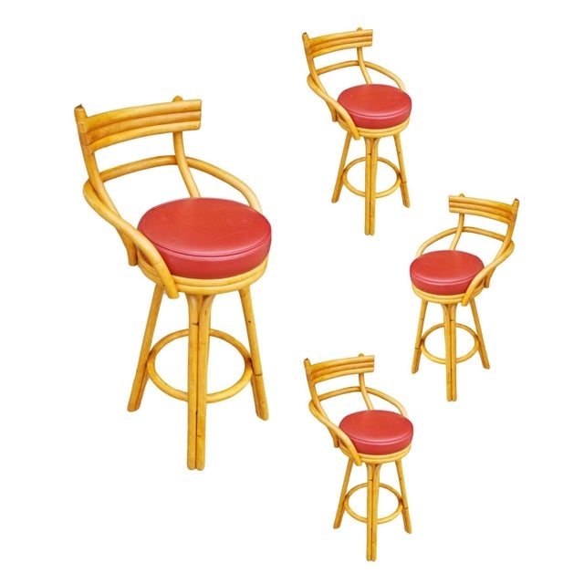 Restored Mid-Century Rattan Stacked Bar Swivel Stools W/ Red Seat, Set of 4 - 2