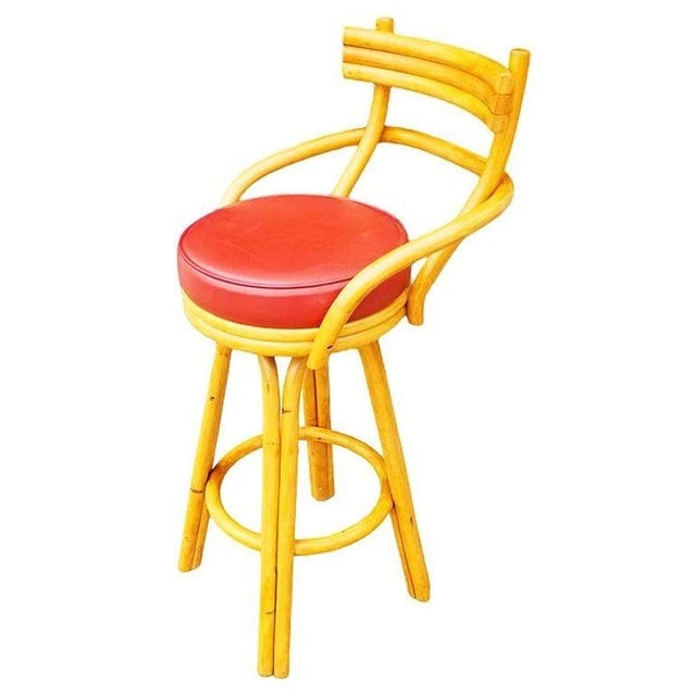 Restored Mid-Century Rattan Stacked Bar Swivel Stools W/ Red Seat, Set of 4 - 4