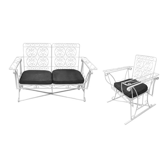 White Scrolling Wrought Iron Glider Rocking Settee & Chair Patio Outdoor Set (1 of 5)