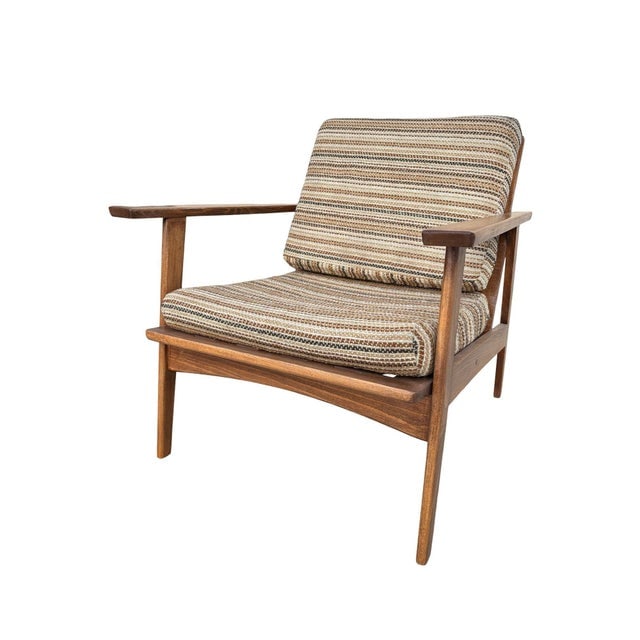Scandinavian Modern MCM Walnut Framed Armchair With Striped Cushions - 2