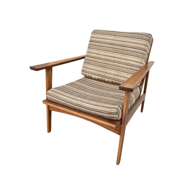 Scandinavian Modern MCM Walnut Framed Armchair With Striped Cushions - 3