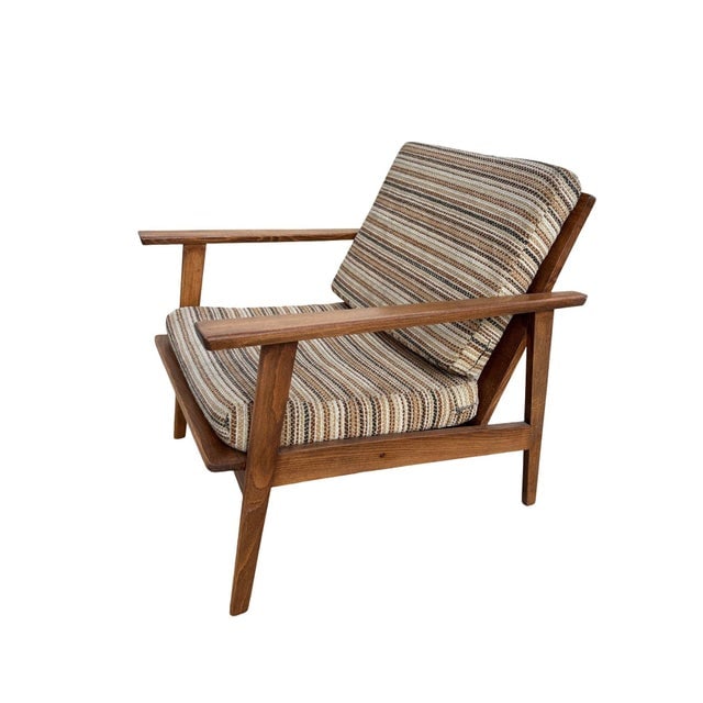 Scandinavian Modern MCM Walnut Framed Armchair With Striped Cushions - 4