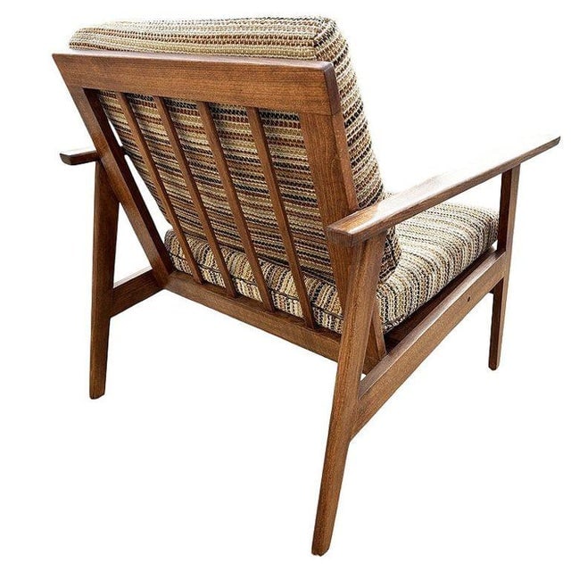Scandinavian Modern MCM Walnut Framed Armchair With Striped Cushions - 5