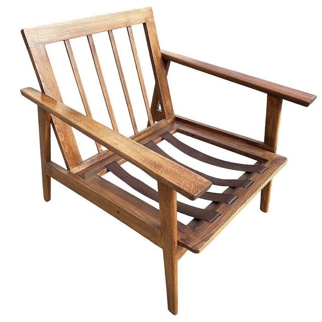 Scandinavian Modern MCM Walnut Framed Armchair With Striped Cushions - 6