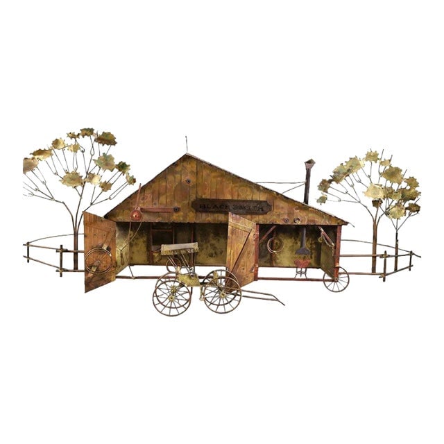 Mid-Century "Blacksmith" Hanging Copper Wall Sculpture by Curtis Jere: Title: Mid-Century "Blacksmith" Hanging Copper Wall Sculpture by Curtis Jere Description: Curtis Jere "The Blacksmith" copper & brass wall sculpture featuring a countryside scenic complete with a fenc