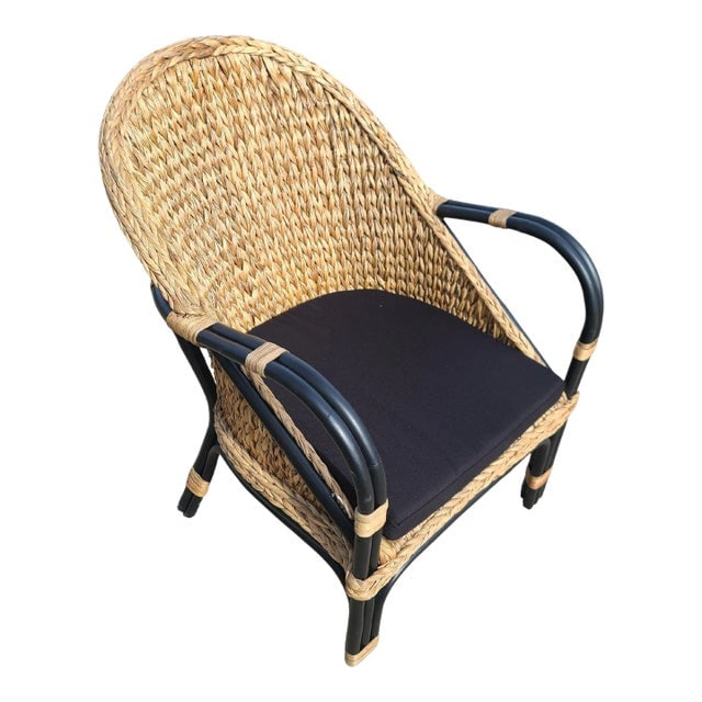 Modern Black Rattan Armchair Dining Chair W/ Wicker Seat: Title: Modern Black Rattan Armchair Dining Chair W/ Wicker Seat Description: Revamp your dining area with this elegant black rattan armchair/dining chair, boasting a natural wicker fan seat and a