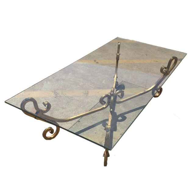 Gold-Tone Gilded Wrought Iron Hollywood Regency Cocktail Table W/ Glass Top - 3