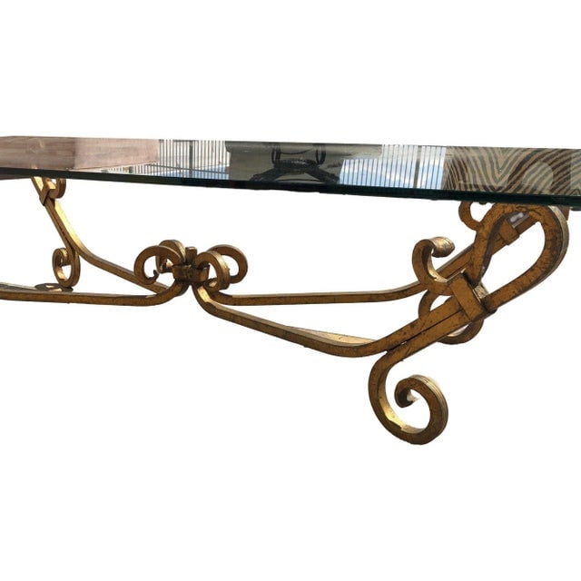 Gold-Tone Gilded Wrought Iron Hollywood Regency Cocktail Table W/ Glass Top - 4