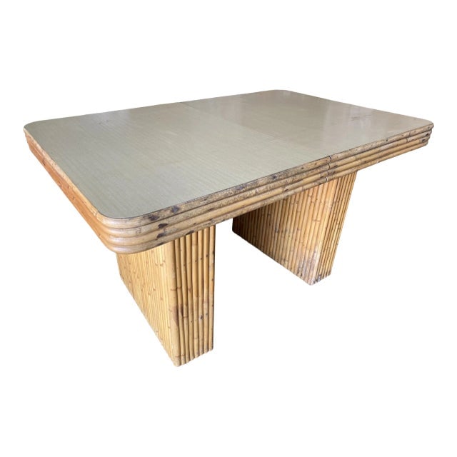 Restored Vintage Six-Person Rattan and Formica Dining Table With Vertically Stacked Base: Title: Restored Vintage Six-Person Rattan and Formica Dining Table With Vertically Stacked Base Description: Mid-century six-person rattan dining table with vertically stacked rattan base legs, horizo