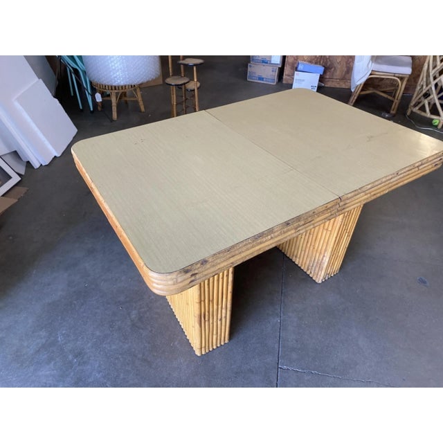 Restored Vintage Six-Person Rattan and Formica Dining Table With Vertically Stacked Base - 2