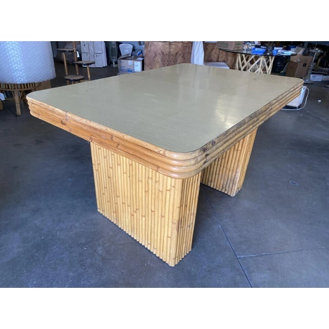 Restored Vintage Six-Person Rattan and Formica Dining Table With Vertically Stacked Base - 3